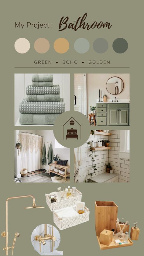 Beige And Green Bathroom, Olive Green Bathrooms, Light Green Bathrooms, Tan Bathroom, Ideas For Bathrooms, Bathroom Mood Board, Earthy Bathroom, Boho Bathroom Ideas, Green Bathroom Decor