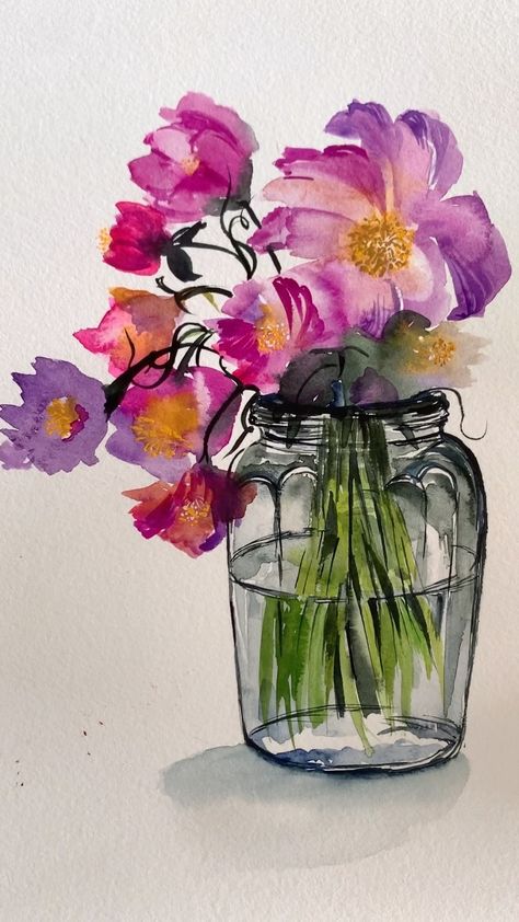 Kanchan | Art Tutorials (@petiteprocrastinator) posted on Instagram • Apr 21, 2022 at 2:09pm UTC Flowers In Vase Painting, Paint Aesthetic, Easy Painting Projects, Loose Florals, Let's Make Art, Skillshare Classes, Watercolor Subjects, Diy Watercolor Painting, Watercolor Tree