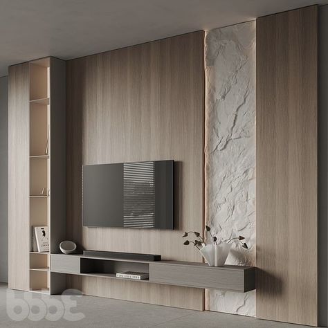 Tv Unit With Cladding, Stone Tv Unit Design Modern, Tv Unit Decor Modern Interior Design, Stone Tv Unit, Tv Wall Stone, Nordic Living Room Tv Wall, Modern Tv Console Design, Tv Console Bedroom, Tv Unit Stone