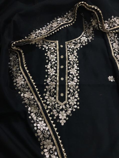 Applic Designs Dress, Latest Hand Embroidery Designs For Suits, Black Suit Designs, Dabka Work, Hand Embroidery Dress, Gotta Patti, Latest Dress Design, Simple Kurta Designs