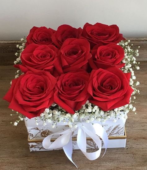 Boxed, luxurious, red roses. 🌹 | Valentine flower arrangements, Valentine's day flower arrangements, Flower bouquet diy Red Roses In A Box, Roses In Box Diy, Flower Bouquet For Valentines Day, Rose Arrangements Diy Ideas, Flower Arrangements In Boxes, Roses Box Luxury, Valentine Arrangements, Valentine Flower Arrangements, Roses Bouquet Gift