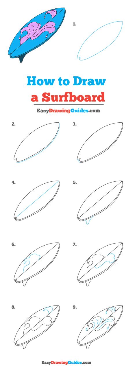 Kawaii, Surfing Drawing Easy, How To Draw A Surfboard Step By Step, How To Draw A Wave Step By Step, Surf Board Drawing Simple, Surf Board Doodle, How To Draw A Surfboard, Surf Boards Drawing, Surf Drawing Doodles