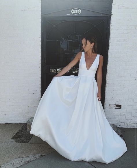 V Neck Minimalist Wedding Dress, Plunge Satin Wedding Dress, Satin Wedding Dress Vneck, Timeless Backless Wedding Dress, Satin Wedding Dress Deep V, Deep V Ball Gown Wedding Dress, Minimal Wedding Dress V Neck, Satin Deep V Wedding Dress, Classic V Neck Wedding Dress