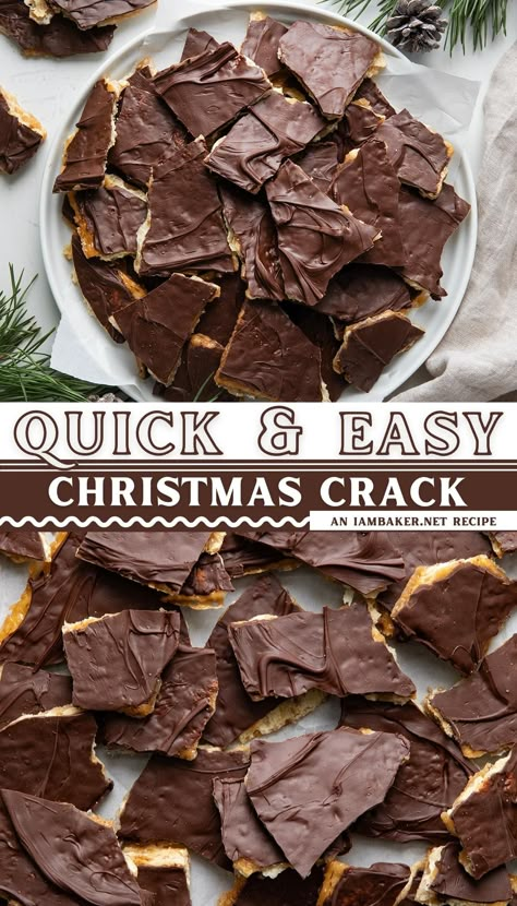 a white plate has a pile of Christmas crack on it, and the second image has Christmas crack spread out on a white surface. Cracker And Chocolate Bark, Savory Office Treats, Crackers Chocolate Bark, Toffee Bars With Saltine Crackers, Christmas Baking Chocolate, Chocolate Saltine Crackers, Salty Treats Parties Snacks, Chocolate Cracker Bark, Cracker Brittle Saltine