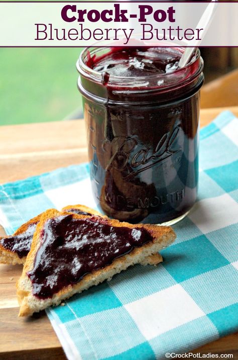 Crock-Pot Blueberry Butter - Just 4 ingredients in this easy recipe for Crock-Pot Blueberry Butter. Fresh juicy blueberries, sugar, cinnamon and lemon juice make a delicious spread for your morning toast! [Gluten Free, Low Calorie, Low Cholesterol, Low Fat, Low Sodium, Vegan, Vegetarian & Weight Watchers friendly!] #CrockPotLadies #CrockPot #SlowCooker #BlueberryRecipes #CanningRecipes #Canning #GlutenFree #Vegan #Vegetarian #WeightWatchers Blueberry Butter Recipe, Blueberry Butter, Fruit Dips, Morning Toast, Jam Recipes Homemade, Butter Crock, Jam And Jelly, Jelly Recipes, Blueberry Recipes