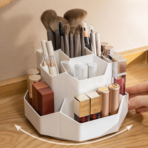 PRICES MAY VARY. The makeup organizer for vanity can be rotated 360°, which would bring more convenience for you daily life. You can easily catch items from all directions, just need to lightly rotate the makeup brush holder. This Makeup Brush Holder has nine separate sections designed to meet your various needs. You can easily sort all sizes of cosmetic makeup brushes, eyebrow pencils, eyeliners, hair accessories, nail polish, nail brush and lipsticks. 360° Rotating Makeup Brush Holder Lipstick Organizer, Art Supplies Storage, Organized Desk Drawers, Sewing Supplies Storage, Pen Organization, Sewing Storage, Makeup Organizers, Makeup Brush Storage, Makeup Brush Holder