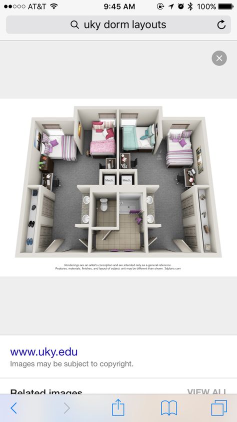 This dorm is called the four person suite. Some of the older Halls have these and some of the newer ones have renovated versions as well. Do people like these? Do they like having to share the bathroom between two rooms? Dorm Room Blueprint, Student Dormitory Floor Plan, Dorm Planning, Student Accomodation, Dorm Layout, Dorm Room Layouts, Teenage Room Decor, Dormitory Room, Dorm Style