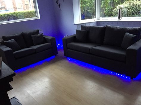 Led lighting under the sofa Led Lights Furniture Ideas, Lights Under Couch, Led Lights Living Room Ideas, All Black Bedroom, Small Game Room Ideas, Gaming Couch, Hangout Place, Den Room, Mini Adventures