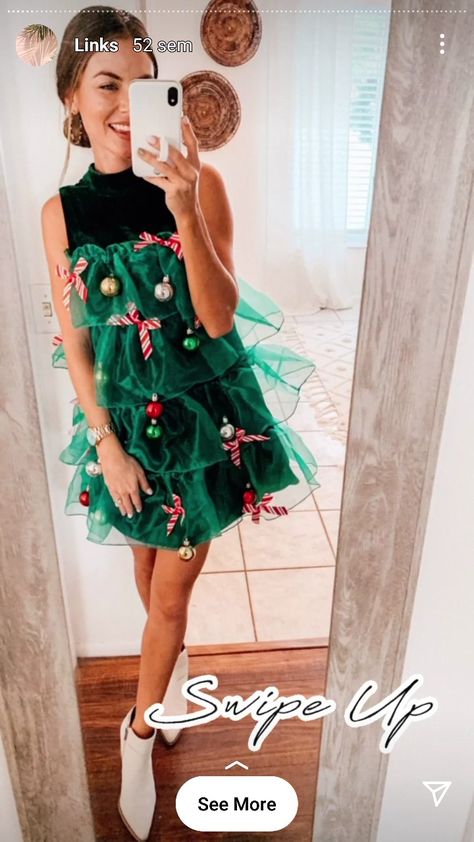 Whoville Inspired Outfits, Diy Christmas Dress For Women, Elf Outfit Ideas, Christmas Tree Fancy Dress, Diy Christmas Costumes, Whoville Costumes, Ugly Christmas Outfit, Christmas Costumes Women, Dress Form Christmas Tree