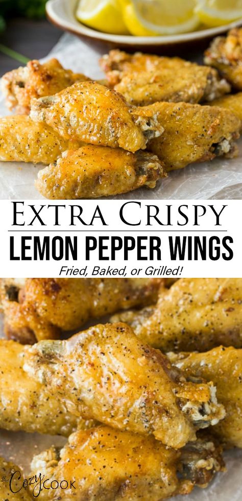 These lemon pepper chicken wings are ultra crispy! This recipe includes tips on how to perfectly grill, bake, and fry the perfect, extra-crispy chicken wing! #chickenwings #appetizer #grilled #baked #fried #lemonpepper Crispy Lemon Pepper Wings, Chicken Apps, Crispy Grilled Chicken, Lemon Pepper Chicken Wings Recipe, Antipasti Board, Budget 101, Wings Recipe Baked, Chicken Wing Recipes Fried, Pepper Chicken Wings