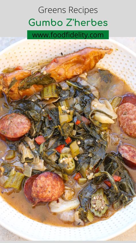 Looking for an easy and delicious gumbo recipe? Look no further than this authentic gumbo z'herbes made with andouille sausage, a roux, and various fresh greens. #gumbo #comfortfood #soulfood #creole #z'herbes #greensgumbo #greens #collardgreens Gumbo Z'herbes, Seafood Gumbo Greens Recipe, Collard Greens Gumbo Recipe, Gumbo Z'herbes Recipe, Green Gumbo New Orleans, Gumbo Collard Greens, Gumbo Greens Recipe With Shrimp, Gumbo Collard Greens Recipe, Green Gumbo Recipe