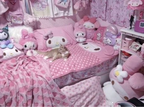 Sanrio my melody hello kitty pink kawaiicore cluttercore sanriocore room Sanrio Bedroom, Sanrio Room, Deco Tv, Kawaii Room Ideas, Tas Mini, Kawaii Bedroom, Hello Kitty Rooms, Pink Room Decor, Otaku Room