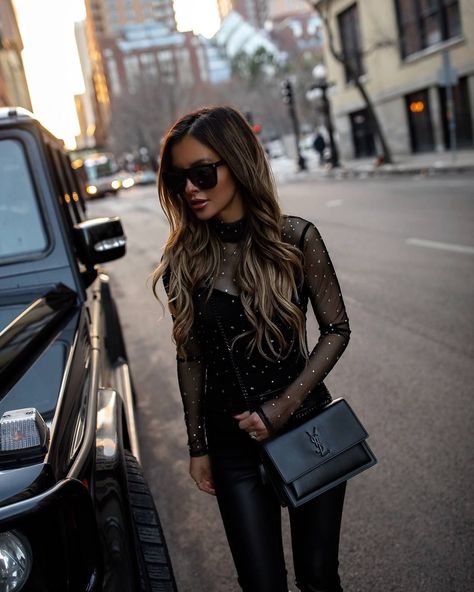 Fashion blogger mia mia mine wearing a studded sheer bodysuit from revolve with leather pants for a classy date night outfit. Click through for more casual date night outfits, feminine fall outfits, and all black outfit ideas. #streetstyle #datenight #fallootd Leather Leggings Outfit Night, Leather Pants Outfit Night, Embellished Bodysuit, Vegas Outfits, Night Outfits Winter, Date Night Outfit Classy, Leather Leggings Outfit, Strapless Bodysuit, Leather Bodysuit