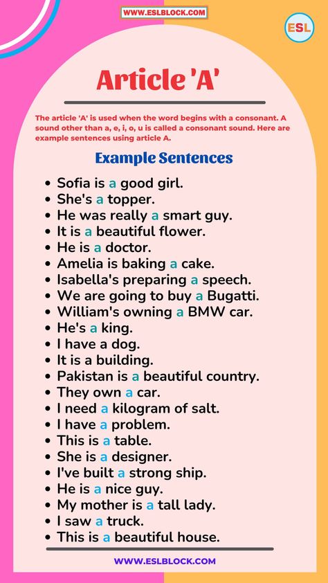 In this article, I am going to explain 100 Example Sentences Using Articles A An The. Articles are the words that define a noun as either specific or non-specific. An article is an adjective. Like adjectives, articles modify nouns. Also read: What are Definite and Indefinite Articles in English Grammar? Article ‘A’ Example Sentences The article ... Read more Use Of Articles A An The, Articles A An The, Use Of The Article, Articles Examples, Articles Grammar, Article Example, Articles In English Grammar, Argument Quotes, Articles In English