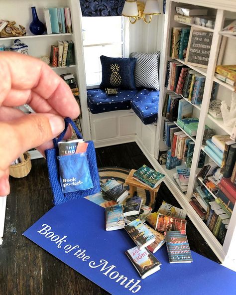 Anyone else a @bookofthemonth fan? I made minis of some of my faves for my dollhouse library and a mini version of my new bff tote.… Dollhouse Library Ideas, Library Dollhouse, At Home Library, Farmhouse Dollhouse, Dollhouse Library, Bookshelf Art, Mini Library, Library Shelves, Dollhouse Projects