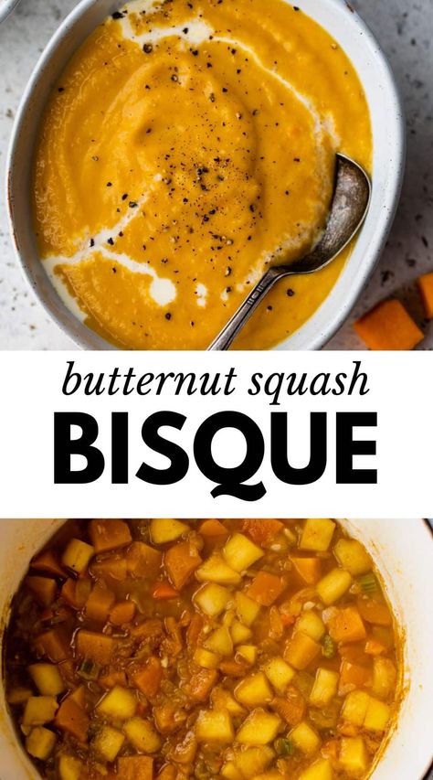 Start the fall season on the right foot with this rich and creamy Butternut Squash Bisque! Easy to make in one pot with warm spices and seasonal produce, the fall flavors make this ultra-creamy bisque completely irresistible. Butternut Squash Soup Stovetop, Butternut Bisque Recipe, Butternut Bisque Soup, Butternut Squash Pumpkin Soup, Cheesy Butternut Squash Soup, Recipes With Butternut Squash Puree, Fall Soups And Stews Butternut Squash, Butternut Bisque, Savory Butternut Squash Soup