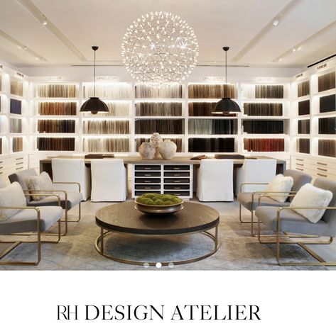 Restoration Hardware Interior Design, Rh Interior Design, Design Center Showroom, Fabric Store Design, Materials Board Interior Design, Design Studio Workspace, Design Studio Office, Corporate Interior Design, Cd Decor