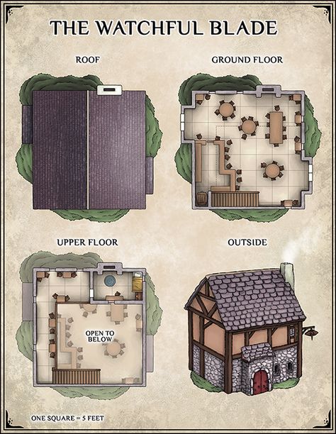 Venatus Maps — The Watchful Blade, a tavern in the Shrouded... Ark Ideas, Architectural Layout, Medieval Tavern, Fantasy Dungeon, Pathfinder Maps, Fantasy City Map, Map Layout, Building Map, Tabletop Rpg Maps