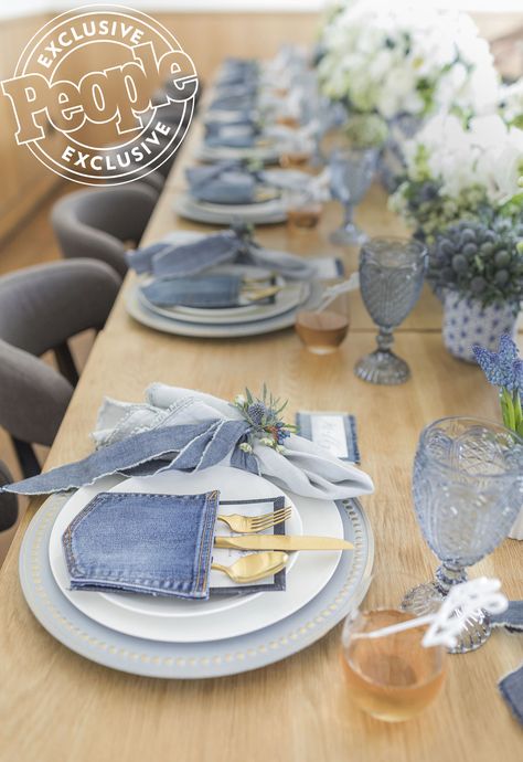 Blue Jean Baby! See All the Photos From Ali Fedotowsky-Manno's Denim-Themed Shower Denim Table Decorations Centerpieces, Denim Table Setting, Blue Jean Theme Party, Blue Tablescapes Ideas, Baby Blue Table Setting, Denim Tablescape, Denim Themed Party Decorations, Blue Jean Baby Shower Theme, Denim Centerpiece Ideas