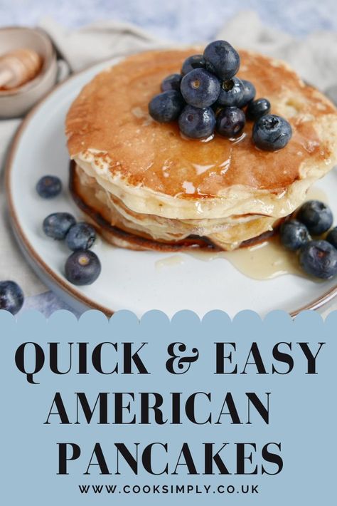 pancakes with blueberries and honey Easy American Pancakes, American Pancakes Recipe, Simple Brunch Ideas, Breakfast Casserole Healthy, Quick Pancakes, Easy Pancake Recipe, Sourdough Breakfast, Banana Breakfast Recipes, Delight Dessert