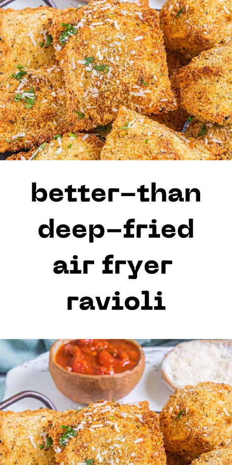 Here's an air fryer ravioli recipe that tastes like deep-fried! This includes tips to keep the breading from drying out and instructions for cooking frozen toasted ravioli. Fried Raviolis Easy, Air Fry Ravioli Recipe, Fried Ravioli Recipe Air Fryer, Deep Fried Ravioli Frozen, Deep Fried Tortellini, Fried Ravioli Appetizer, Air Fried Ravioli Frozen, Air Fryer Ravioli Frozen, Fried Ravioli Recipe Frozen