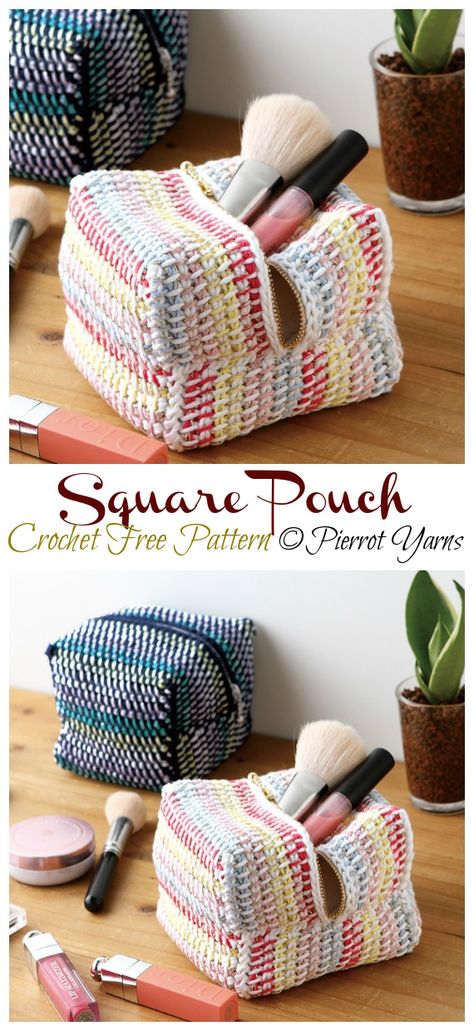 Square Makeup Pouch Crochet Free Patterns - Crochet & Knitting Modern Haken, Square Makeup, Pouch Crochet, Diy Tank, Tunisian Crochet Patterns, Free Crochet Bag, Crochet Bag Pattern Free, Stylish Crochet, Bag Pattern Free