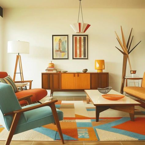 60s Modern Interior, 50s Living Room Decor, 60s Aesthetic Living Room, Vintage Mid Century Modern Living Room, 60s Apartment Decor, Retro Chic Interior Design, Interior Design 70s Modern, Retro House Interior Design, 70 House Decor