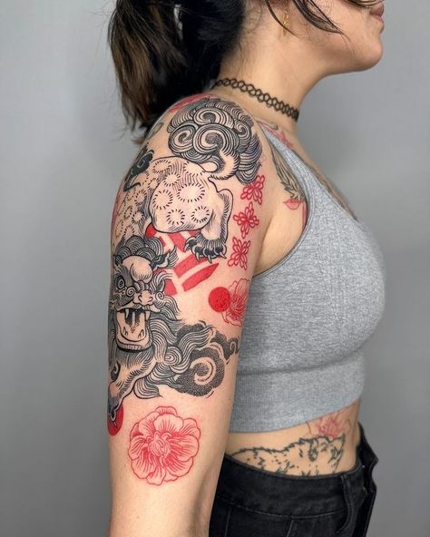 Half Back Tattoos Women Japanese, Wrist Tattoos Japanese, Red Background Tattoo, Chinese Sleeve Tattoo For Women, Japanese Tattoos Arm Sleeve Woman, Red And Black Asian Tattoo, Japan Arm Tattoo, Red Dog Tattoo, Red Filler Tattoo