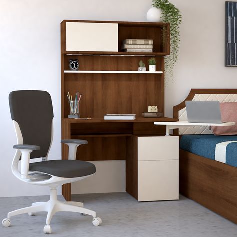 Work from home table, work desk, office table Narrow Shelf, Sliding Shutters, Narrow Shelves, Overhead Storage, Wire Management, Bed Ideas, Brown Colour, Left Or Right, Online Furniture