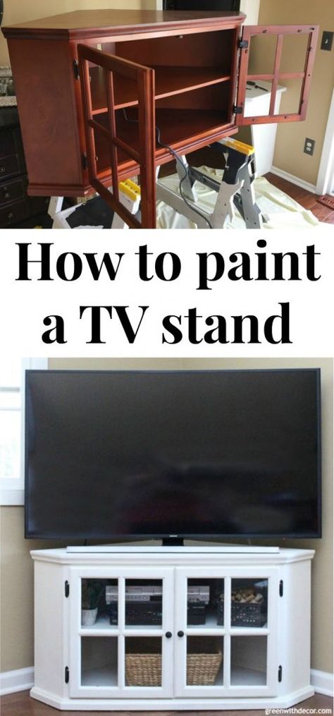 This TV stand makeover is just gorgeous after being painted with clay paint! Painting wood furniture is easy. Just follow the steps in this easy DIY tutorial for how to paint a TV stand. #tvstand #furniturepainting #paintedfurniture #furnituremakeover #paint #diy #diyproject #claypaint #coastaldecor Dresser Makeover Tv Stand, Tv Stand Green, Diy Furniture Nightstand, Painted Tv Stand, Tv Stand Makeover, Old Tv Stands, Diy Furniture Building, Swivel Tv Stand, Oak Tv Stand