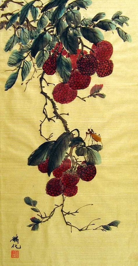 Chinese Fruit Painting Chinese Fruit, Fruit Painting, Summer 2022, Rooster, Fruit, Animals, Art