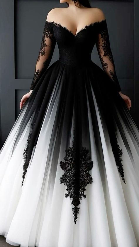 Wedding Dresses With Black Lace Accent, Black V Neck Wedding Dress, Dark Wedding Outfit, Black Wedding Dress White Lace, Black Wedding Dress With White Lace, White Wedding Dresses With Black Lace, White And Black Ball Gown, Black Wedding Dress With Flowers, Black To White Wedding Dress