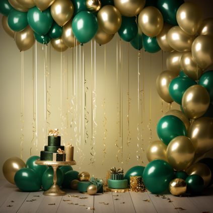 Gold and emerald green balloons with birthday cake on wood background stock photo, in the style of immersive environments, dark teal and dark beige, nature-inspired installations, tonalism, spectacular backdrops, monochromatic compositions, unique framing and composition Dark Green And Gold Balloon Arch, Green And Gold Birthday Party Decor Diy, Green Balloons Decoration Birthday, Dark Green And Gold Decorations Party Ideas, Emerald Green And Gold Party Theme, Emerald Green Photoshoot Birthday, Green And Gold Decorations Party, Emerald And Gold Birthday Party, Emerald Green And Gold Birthday Decor