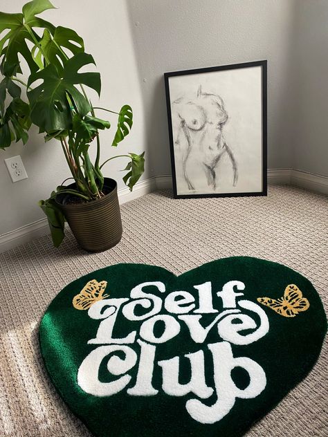 Self Love Club Tufted Rug, Rug Business, Self Love Club Rug, Rug Turfing Ideas, Cute Rug Tufting Ideas, Rugs In Bedroom Aesthetic, Rug Ideas, Rug Tufting Ideas, Tufting Diy