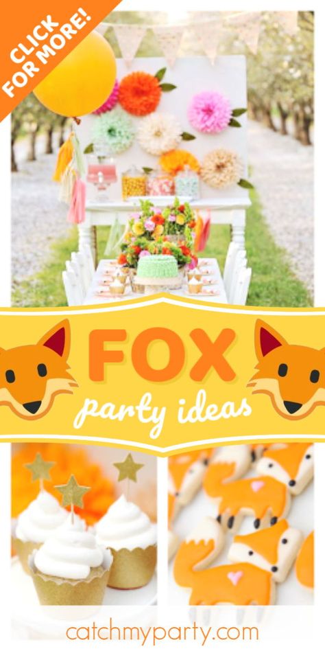 Fox Food Ideas, Fox Birthday Party Girl, Fox Theme Party, Fox Themed Birthday Party, Fox Party Ideas, Woodland Cakes, Animal Party Ideas, Woodland Party Ideas, Fairy Decorations