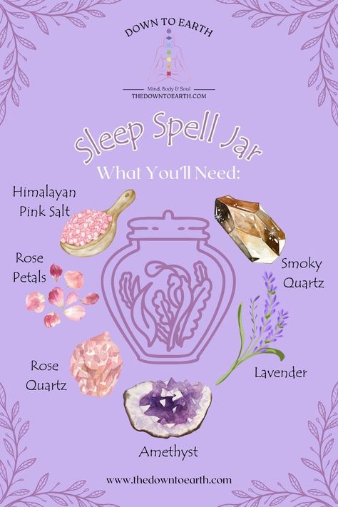 "Graphic showing items to include in a sleep spell jar: amethyst, rose quartz, Himalayan pink salt, and rose petals. The items are arranged with labels and decorative elements." - Down to Earth. Spell Jar For Sleep, Ingredients For Spell Jars, Spells With Rose Petals, Sleep Spell Jar, Sleep Spells, Sleeping Spell, Witch Guide, Christian Witch, Sleep Spell