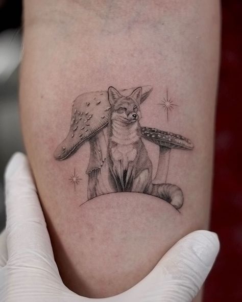 Fox Wrist Tattoo, Powerful Animal Tattoos, Tattoo For Plus Size Women, Micro Mushroom Tattoo, Fox Mushroom Tattoo, Fox And Mushroom Tattoo, Realism Mushroom Tattoo, Dainty Fox Tattoo, Fox And Moon Tattoo