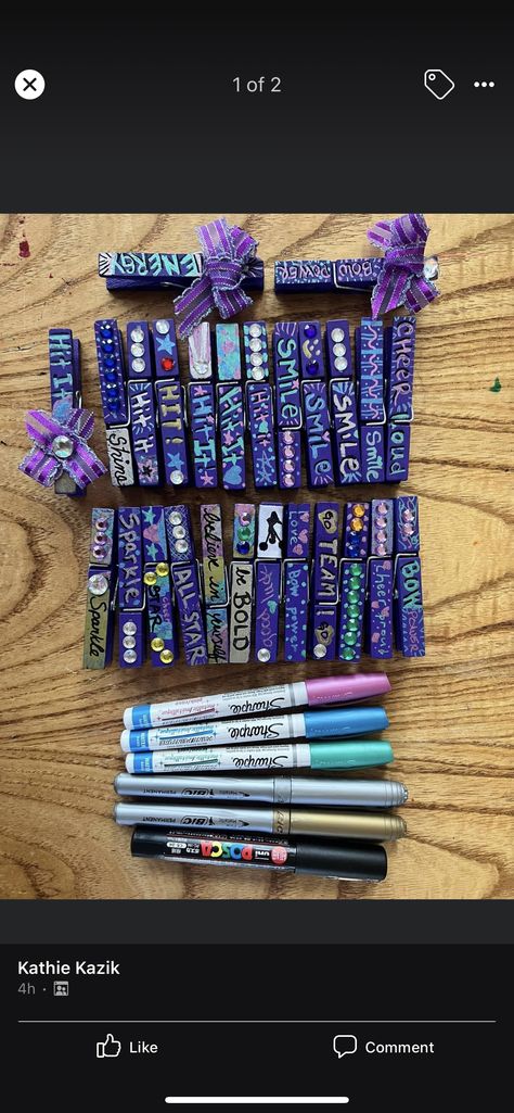 Cheer Bag Clothespins, Good Luck Clothespins For Cheer, Cheer Good Luck Pegs, Cheer Cloths Pins, Cheer Goodluck Clothespins, Cheerleading Ideas Diy, Cheer Comp Clothes Pins, Cheer Mom Ideas Crafts, Cheer Competition Pin Ideas