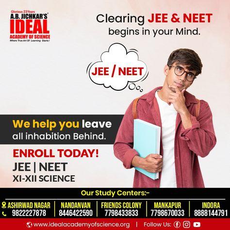 ✌🏻 Build a strong foundation for your JEE and NEET preparation! 🎊 Boost your NEET & JEE preparation with Ideal Academy of Science Admissions are open for XI-XII (Science) l NEET I JEE 📲For more details call on ☎️ +91-9822227878, +91-8446422590, +91-7798433833 +91-7798670033, +91-8888144791 #JEE #NEET #Learning #Education #IdealHaiTohMumkinHai #TaiyaariSuccessKi #HarGharMeIdeal #iitjeepreparation #iitjee2024 Jee Preparation, Neet Preparation, Tuition Classes, Neet Exam, Welcome Boards, School Admissions, True Art, Creative Ads, Education Quotes