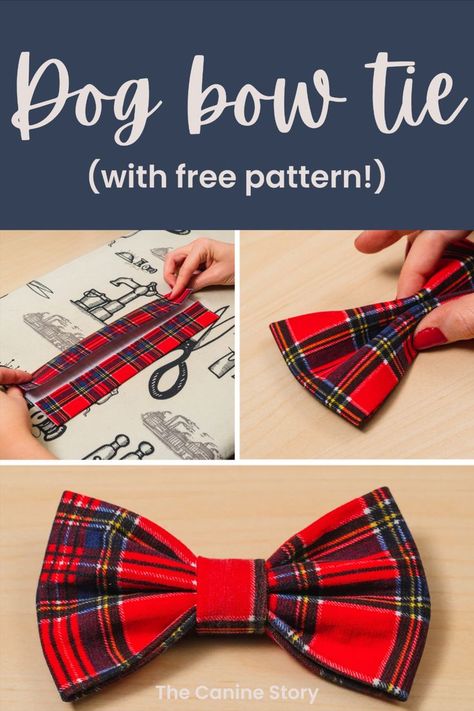 A selection of x3 photos showing a tartan bow tie in each stage of being made. Text reads Dog Bow Tie - with free pattern! Dog Bow Tie Pattern, Dog Bandana Pattern, Dog Sewing Patterns, Dog Poo, Diy Dog Collar, Walker Bag, Bowtie Pattern, Thread Needle, Pet Projects