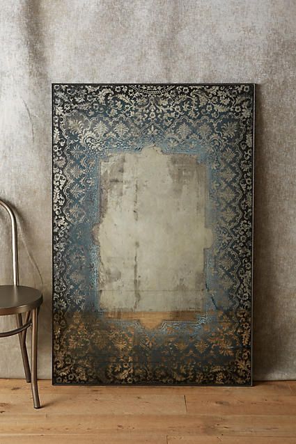 Anthropologie Dissolved Lace Mirror  A border of lace fades into a reflective surface, for the antique effect of a mirror discovered long ago.  (afflink) Distressed Mirror, Soyut Sanat Tabloları, Mirror Painting, Diy Mirror, Futuristic Architecture, Mirror Art, Antique Mirror, A Chair, Arabesque