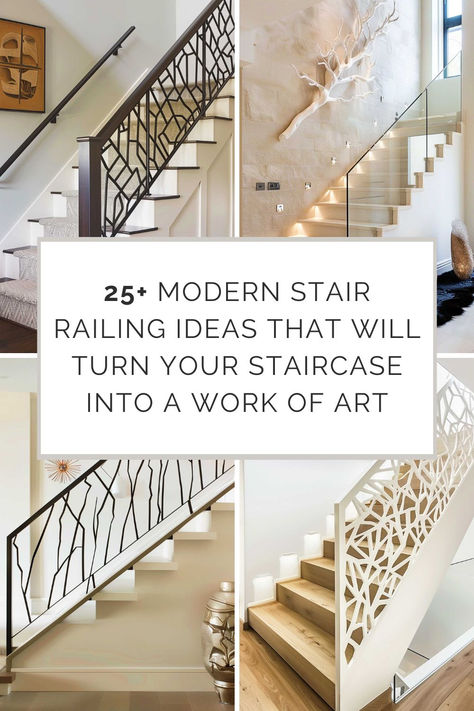 A variety of Modern Stair Railing Ideas. Decorative Railings Interior, Staircase Rails Ideas, Handrail Design For Stairs, Modern Stair Rails, Indoor Stair Railing Ideas Metal, Stairs Railing Design Modern, Staircase Handrail Ideas, Unique Stair Railing Ideas, Staircase Railing Design Modern