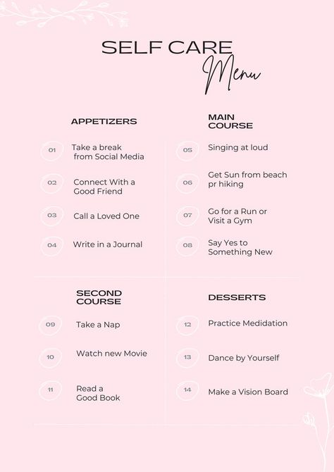 Self Care Menu for you girls ☘️ Never forget to take care yourself first ❤️ Stay tuned and follow for more 💫 #selfcare #carelits #selflove #takecare #caring #list #journal #planner Take Care Yourself, Self Care Menu, Care Yourself, Inspirational Bulletin Boards, List Journal, New Movies To Watch, Making A Vision Board, Social Services, Bullet Journal Inspiration