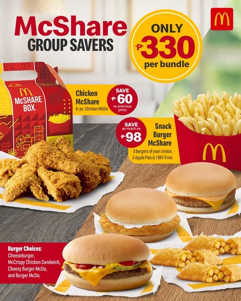 McDonalds – McShare Group Savers for ₱330 Mcdo Menu Philippines, Mcdonald's Menu Philippines, Mcdo Food, Mcdo Menu, Mcdonalds Burger, Mcdonald Menu, Chicken Honey, Mcdonalds Gift Card, Pizza Design