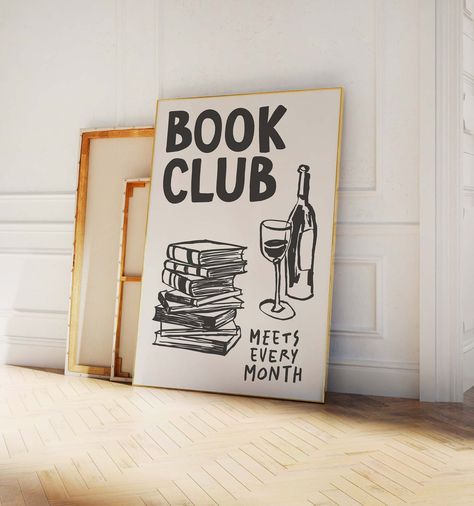 Book Club Print | Digital Art Download | Cute Book Club Decor | Trendy Reading Poster | Book Lover Wall Art | Neutral Art Print Book Club Poster Design, Book Lover Painting, Reading Poster, Poster Book, Reading Posters, Club Decor, Wall Art Neutral, Club Poster, Neutral Art