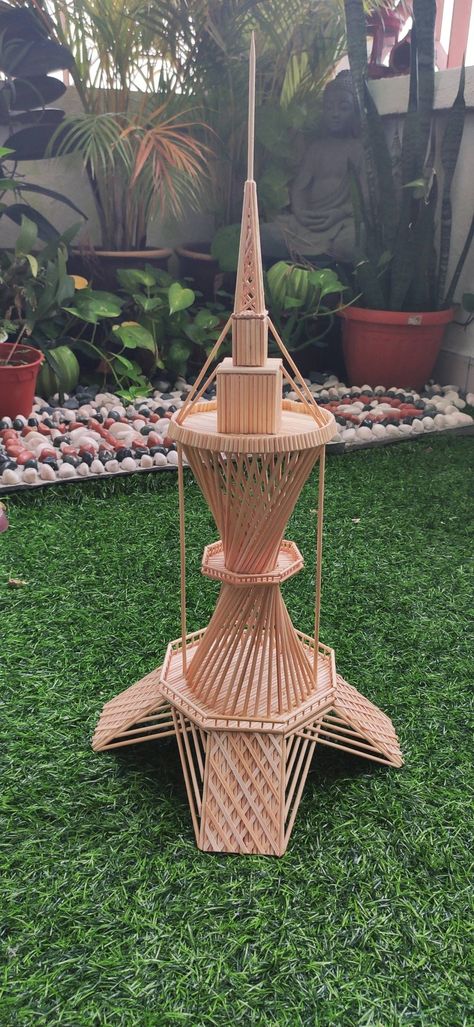 Brand new tower craft with wooden sticks #stickcraft Wooden Stick Art, Stick Architecture Model, Toothpick Sculpture, Popsicle Stick Art, Bamboo Diy, Skewer Sticks, Tower Models, Geometric Origami, I Name