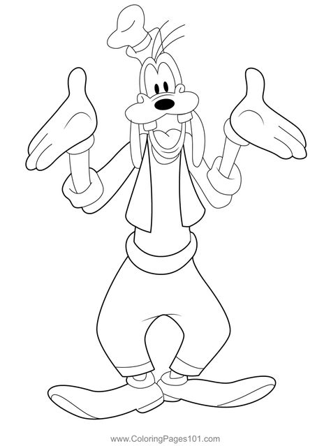 Happy Goofy Coloring Page Disney Cartoon Coloring Pages, Goofy Sketch, Goofy Coloring Pages, Goofy Mickey Mouse, Mickey Drawing, Eeyore Pictures, Character Activities, Old Cartoon Characters, Mickey Mouse Characters