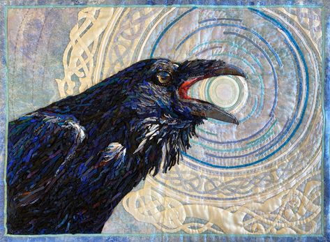 Upcycling, Patchwork, Raven Quilt, Modern Quilting Designs, Landscape Art Quilts, Crow Art, Landscape Quilt, Collage Art Projects, Animal Portraits Art