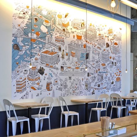 Playful illustration inviting customers to have fun and enjoy at One Girl Cookies in Brooklyn, NY. Restaurant Mural, Illustration Mural, Map Mural, Office Mural, Map Murals, Decoration Restaurant, Map Illustration, Cafe Wall, Removable Wall Murals