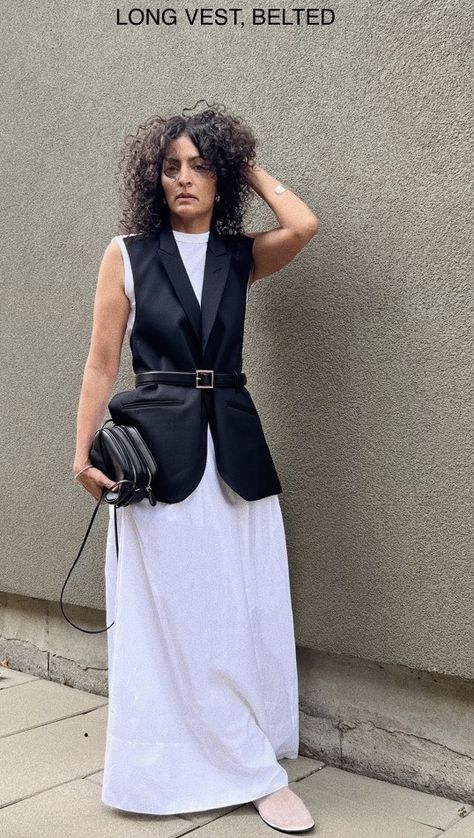 Sleeveless Long Vest Outfits, Belted Vest Outfit, Skirt With Vest Outfits, Vest Over Dress Outfit, Shirt Vest Outfits For Women, Vest With Dress Outfit, Neelam Ahooja Style, Sleeveless Vest Outfits For Women, Vest And Dress Outfit